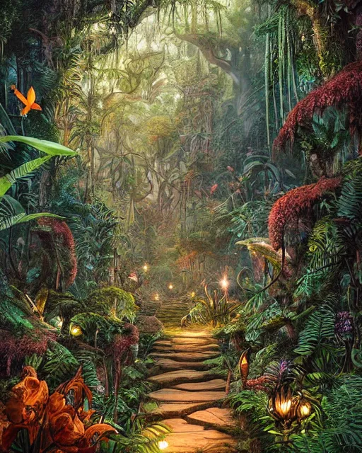 Image similar to a beautifully rendered ancient magical jungle path with tall ferns and carniverous flowers and fireflies by android jones, detailed matte painting