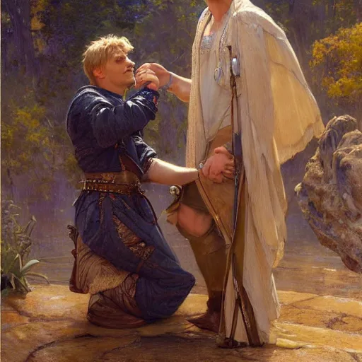 Image similar to attractive arthur pendragon confesses his love to attractive male merlin. highly detailed painting by gaston bussiere, craig mullins, j. c. leyendecker 8 k