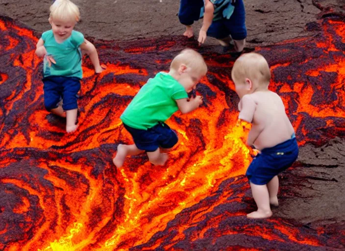 Prompt: toddlers playing in molten lava