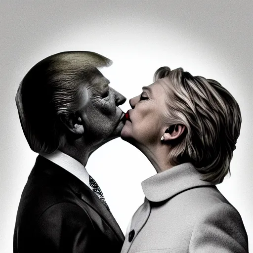 Image similar to Donald Trump Kissing Hillary Clinton, digital art, grungy, unkept hair, glowing eyes, modelsociety, radiant skin, huge anime eyes, RTX on, perfect face, directed gaze, intricate, Sony a7R IV, symmetric balance, polarizing filter, Photolab, Lightroom, 4K, Dolby Vision, Photography Award