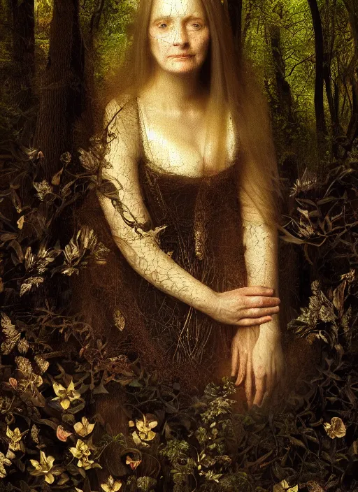 Prompt: portrait of a women who invented time in the forest that could not sleep, modern fine art, fractal, intricate, elegant, highly detailed, digital photography, subsurface scattering, by jheronimus bosch,