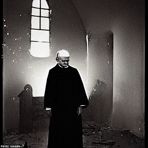 Image similar to award - winning photograph of john paul ii standing in the entrance to a small burning church building, at night, pitch black, christian cross