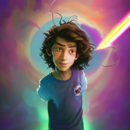 Image similar to a stylized portrait of a young boy with wavy brown hair and green eyes as a wizard, stylized, arcane magic, blue and purple vapor, neon color, vivid color, lens flare, volumetric light from below, background by justin gerard, art by raymond swanland + marc simonetti + greg rutkowski + harumi hironaka + guy denning