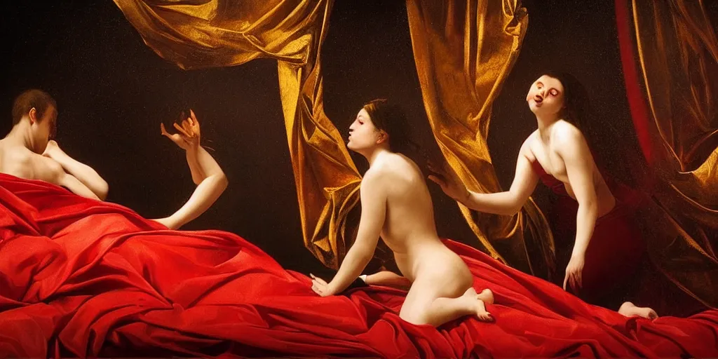 Prompt: beautiful oil matte painting, people showered by red drapers, raining golden sheets, wonderful masterpiece highly detailed, beautiful cinematic light deep focus, elegant, digital painting, smooth, sharp focus, golden ratio, dramatic illumination, ultra realistic, 8 k, art by artemisia lomi gentileschi and caravaggio