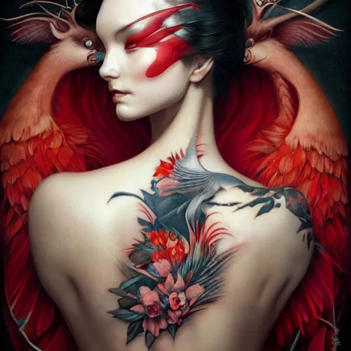 Image similar to ultra realistic illustration, beautifulwoman dressed in red kimono, backview, tattoos, in the style of peter mohrbacher by weta digital and beth cavener, high face symmetry, intricate, masterpiece, award winning, high face symmetry, intricate