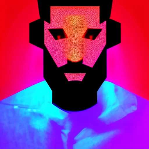 Image similar to portrait of a man with black hair and beard, synthwave, vector style, geometric random shapes and angles, red and blue lighting, neon, robot, futurism, virtualreality, modernist, cyberpunk h 6 4 0