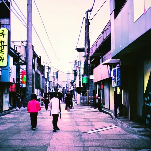 Prompt: people walking down futuristic Japanese street with graffiti and neon signs in the background