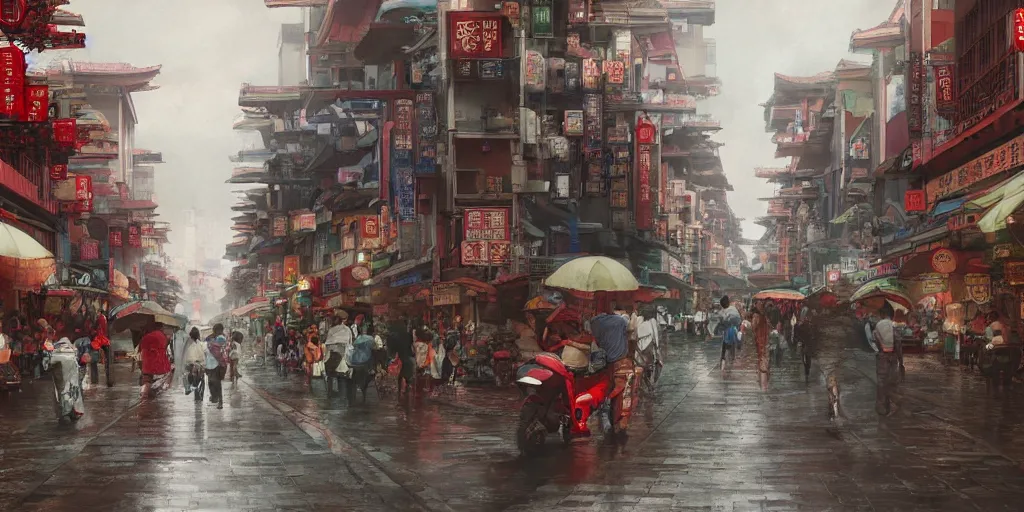 Prompt: a quiet petaling street in chinatown, kuala lumpur, pedestrians, cars, motorbikes, rainy day, matte painting, studio ghibli, artstation