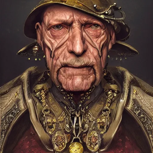 Prompt: portrait, headshot, digital painting, of a old 17th century, old cyborg merchant, amber jewels, baroque, ornate clothing, scifi, realistic, hyperdetailed, chiaroscuro, concept art, art by Franz Hals and Jon Foster