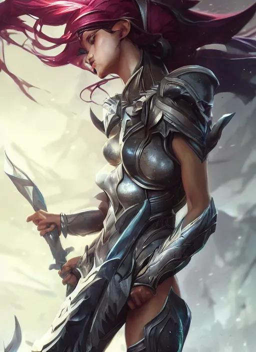 Image similar to poster!! beautiful new female character for league of legends, character concept art, action pose, illustration, full body armor, steel plating, huge weapon, super powers, athletic, symmetry, intricate design, shiny, highly detailed, hd, dramatic lighting, art by artgerm and greg rutkowski