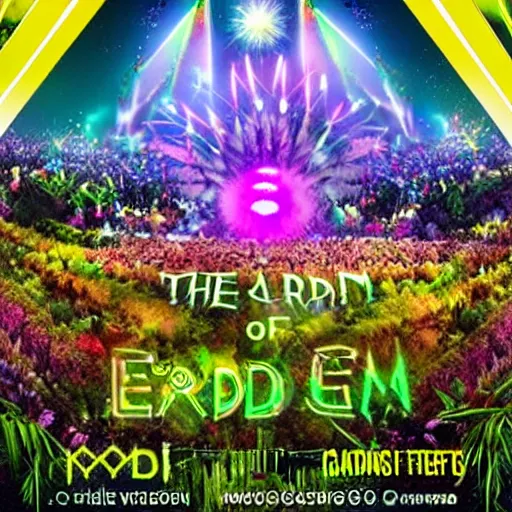 Prompt: the garden of eden but it's an edm festival