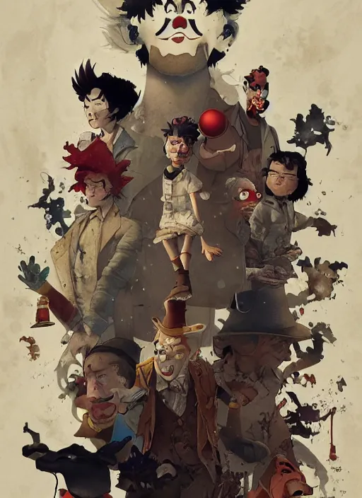 Image similar to poster for a film animation called ( the last clown ), 8 k, hd, dustin nguyen, akihiko yoshida, greg tocchini, greg rutkowski, cliff chiang