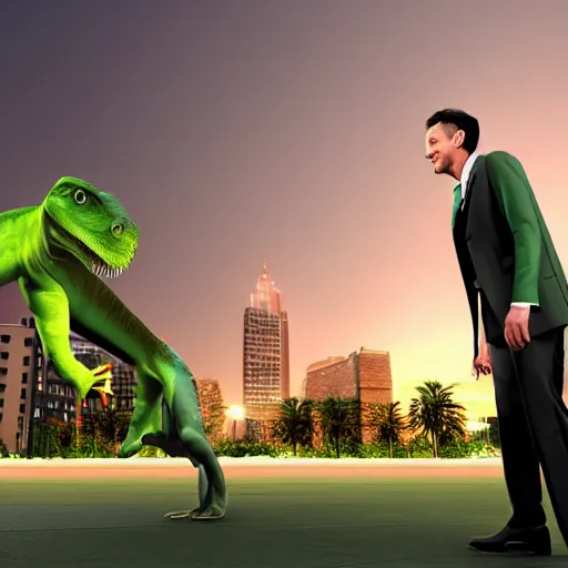 Prompt: a man with an elegant green suit, photography, 3 d render, at night, buildings, dinosaur, sand