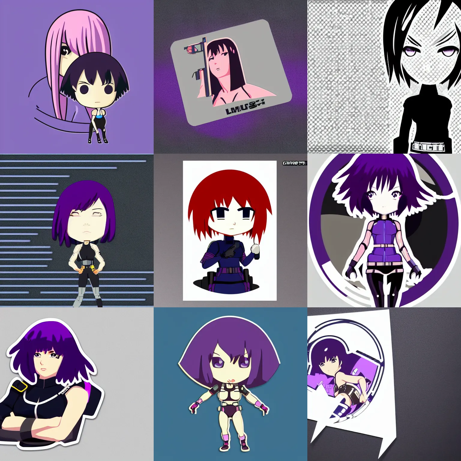 Prompt: motoko kusanagi. chibi!!! tilted vector sticker!!!!!! illustration. adobe illustrator. svg. scalable vector graphic. dropshadow!!!! die cut sticker. by cartoon network | toonami. pokadot bg.