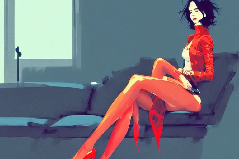 Image similar to a ultradetailed beautiful painting of a stylish woman sitting on a couch, by conrad roset, greg rutkowski and makoto shinkai trending on artstation