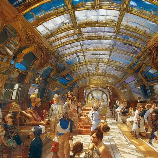 Image similar to clear detailed painting of the inside of the ornate underwater train to atlantis, various weird and wonderful characters sat down, by william powell frith and and frederic leighton, ultra wide angle, 4 k