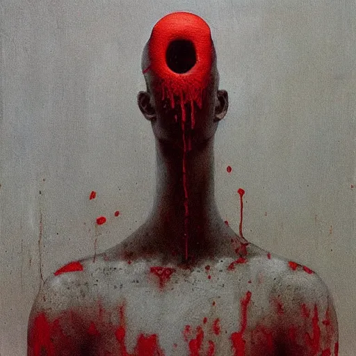 Prompt: a painting of a man with a head full of red paint, a surrealist painting by zdzislaw beksinski, cgsociety, pop surrealism, surrealist, dystopian art, cosmic horror