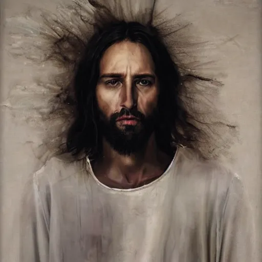 Image similar to a full body lookbook portrait of modern - day jesus wearing cream yeezy and fear of god menswear collection by nicola samori, detailed, oil painting, hyper - realistic, 8 k, yeezy collection