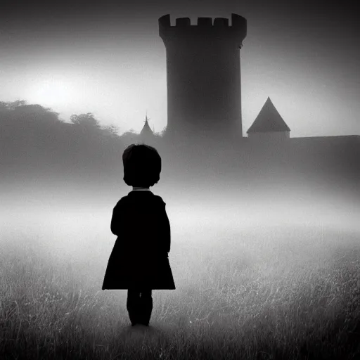 Image similar to a dark vallcy with a huge gloomy castle, fog. a little boy and a black cat