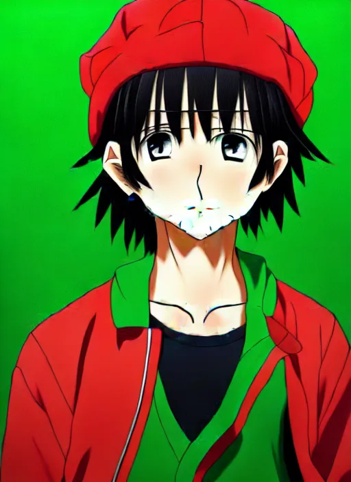 Image similar to anime portrait seu ramon seu madruga, el chavo, dark hair, red eyes, wearing green jacket,