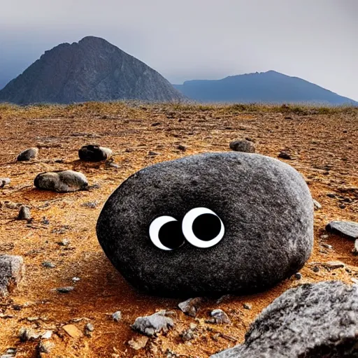 Image similar to Photograph of two rocks with googly eyes at edge of a mountain in a savana