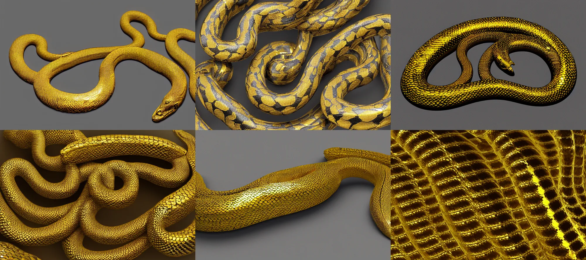 Prompt: serpent with golden reflective scales, ultra realistic render, smooth surfaces