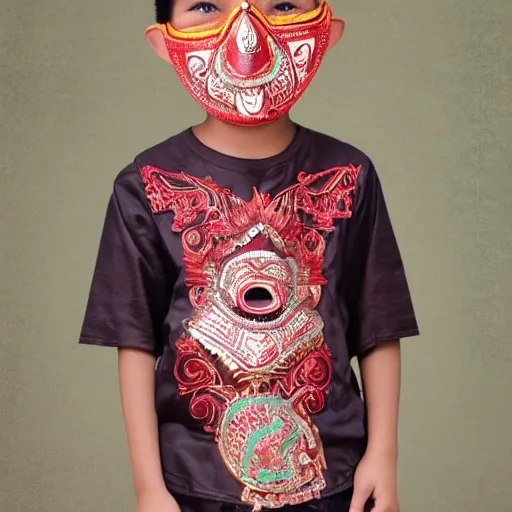 Image similar to 8 k, uhd, 1 9 4 7 asian boy use wear topeng sunda mask, with casual clothes, highly details form