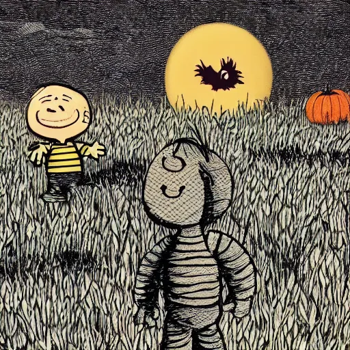 Prompt: the great pumpkin monster appears in a field and chases charlie brown and linus, dark, brooding, illustrated, award - winning, sinister,