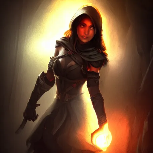 Image similar to a epic hero adventurer holding a torch in a dark cave, artgerm, realistic, cryengine, symmetric