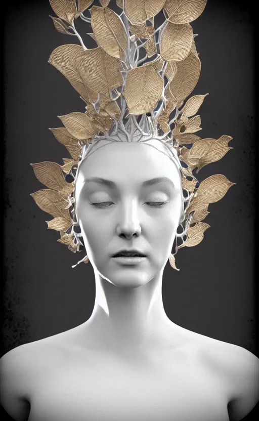 Image similar to [ [ [ tintype ] ] ] 3 d render of a beautiful porcelain profile woman face, vegetal dragon cyborg, rim light, silver gold details, magnolia leaves and stems, roots, fine lace, mandelbot fractal, anatomical, elegant, ultra detailed, white metallic armour, octane render, black and white, h. r. giger style