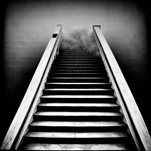 Image similar to black and white surreal photograph, highly detailed vast space made of stairsteps, sideview, detailed textures, natural light, mist, architecture photography, film grain, soft vignette, sigma 1 4 mm f / 1. 4 1 / 1 0 sec shutter, imax 7 0 mm footage