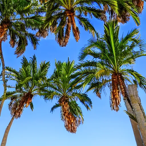 Image similar to corkscrew palm trees clear blue sky, flying