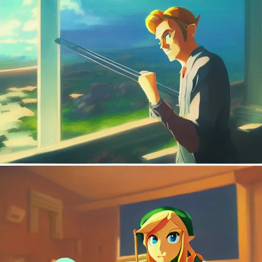 Prompt: Zelda and Link, anime, 4k, art style of Edward Hopper and James Gilleard, new realism,