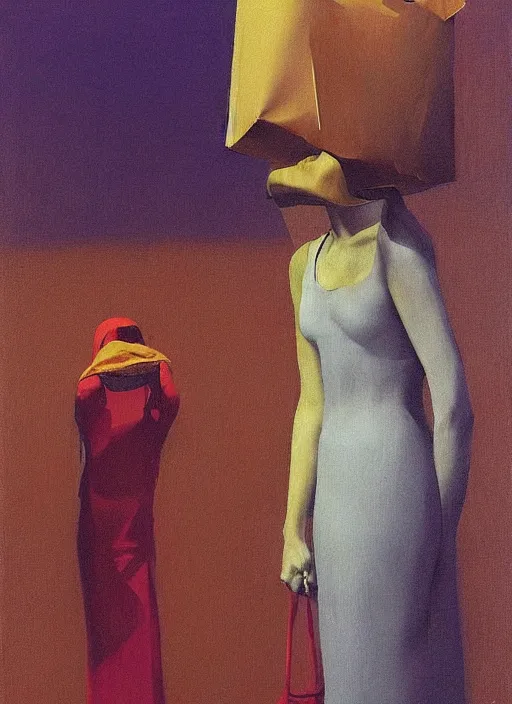 Prompt: women paper bag over the head and a sward Edward Hopper and James Gilleard, Zdzislaw Beksinski, highly detailed