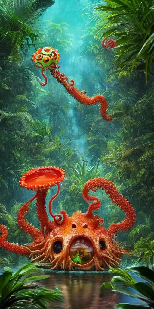 Image similar to of a tropical rainforest lake with strange cute friendly happy creatures with huge eyes, mouth, long tongue, round teeth and tentacles appearing from sandy coral, in the style of gehry and gaudi, macro lens, shallow depth of field, ultra detailed, digital painting, trending artstation, concept art, illustration, cinematic lighting, photorealism, epic, octane render