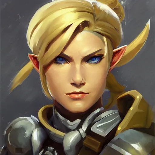 Prompt: greg manchess portrait painting of armored female link from legend of zelda as overwatch character, medium shot, asymmetrical, profile picture, organic painting, sunny day, matte painting, bold shapes, hard edges, street art, trending on artstation, by huang guangjian and gil elvgren and sachin teng