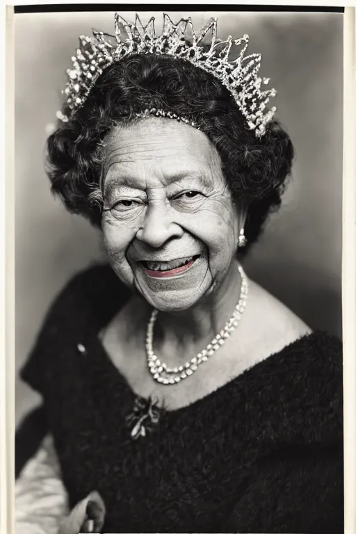 Image similar to a photograph of an elderly black lady with grey curly hair, wearing a crown and clothing of Queen Elizabeth the second, 50mm lens, portrait photography, taken by Robert Capa, studio lighting