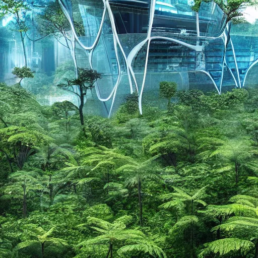 Image similar to extreme wide shot a futuristic containment building in a rainforest valley with a city in the distance, national geographic, hyper realistic, 4 k, harsh light