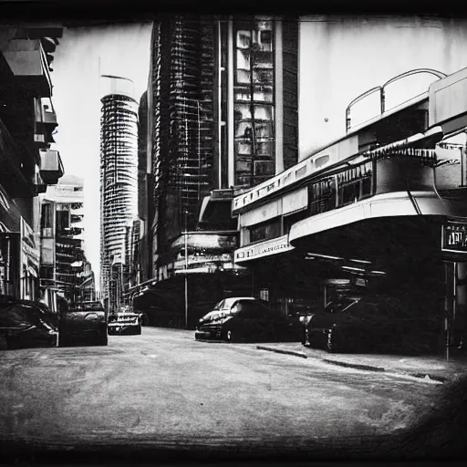 Image similar to daguerrotype photograph of cyberpunk city street, futuristic buildings, advanced cars, daguerrotype, grainy photograph