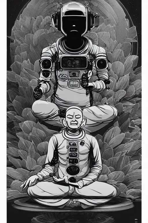 Prompt: a monotone study of cell shaded cyborg robot astronaut buddha meditating in a lotus flower illustration, golden ratio, post grunge portrait, character concept art by josan gonzalez, james jean, Mike Mignola, Laurie Greasley, highly detailed, sharp focus, alien, Artstation, deviantart, artgem
