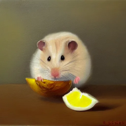 Image similar to a oil painting of a cute little hamster eating lemon