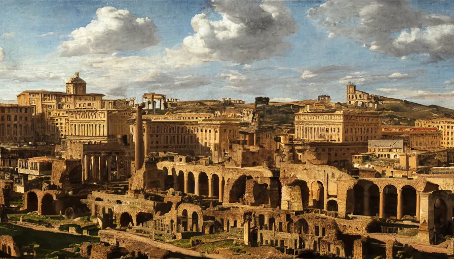 Prompt: ancient rome, aqueduct and roman baths in the background, clearly separated foreground middleground background, foggy, cupresses, intricate, paint texture, old masters, caravaggio, repin, solid anatomy, elegant, volumetric lighting, digital painting, highly detailed, artstation, sharp focus, illustration, concept art, steve mccurry, norman rockwell, masterpiece, 8 k