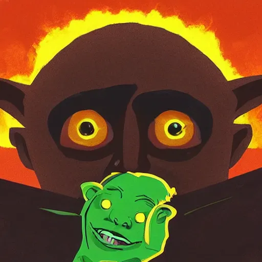 Image similar to “a goblin with brown skin and glowing yellow eyes with a volcano in the background”