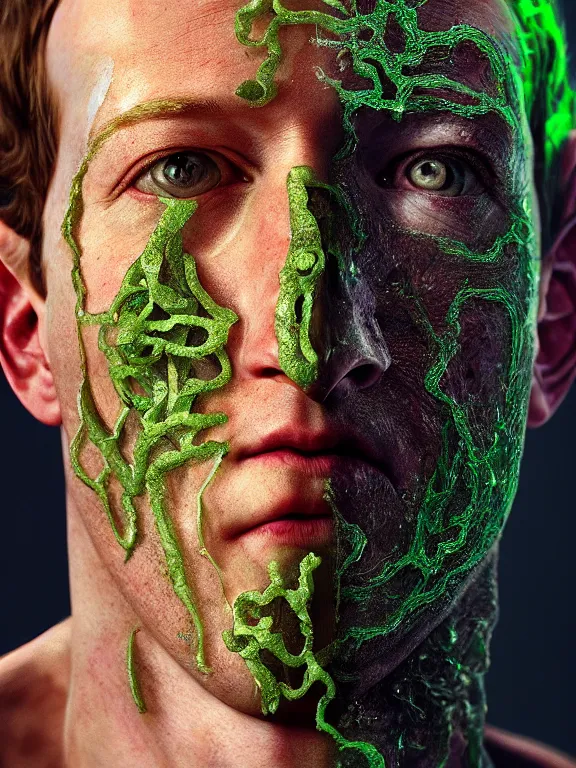 Image similar to portrait of a mark zuckerberg, skin peeling to reveal green! scales!, forked snake tongue sticking out, art by ryo shiotani and greg rutkowski, intricate, beautiful, portrait photography cinematic lighting, vintage art by serge ivanoff, high resolution, very detailed