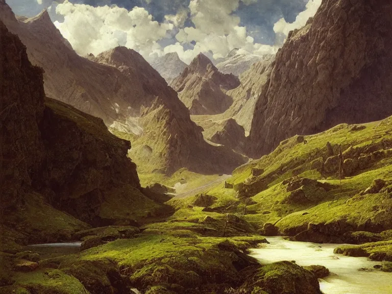 Prompt: an oil painting of an alpine river and a distaint mountain in Scotland on a beautiful morning by beksinski carl spitzweg and tuomas korpi. baroque elements, full-length view. baroque element. intricate artwork by caravaggio. Trending on artstation. 8k