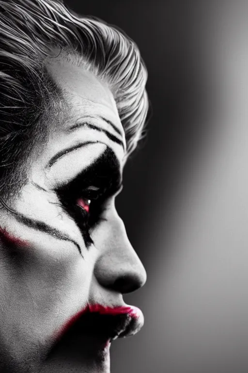 Image similar to a side profile shot of a man wearing the joker makeup 8k, hyperrealism, cinematic lighting