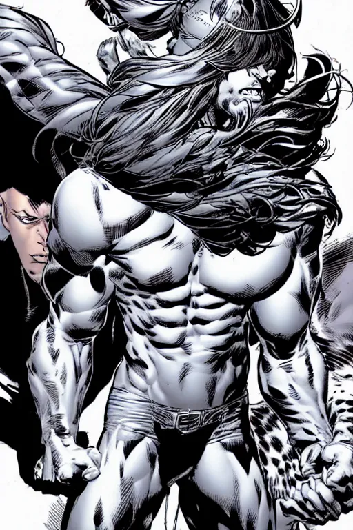 Image similar to character art by mike deodato, man with cat ears, absolute chad