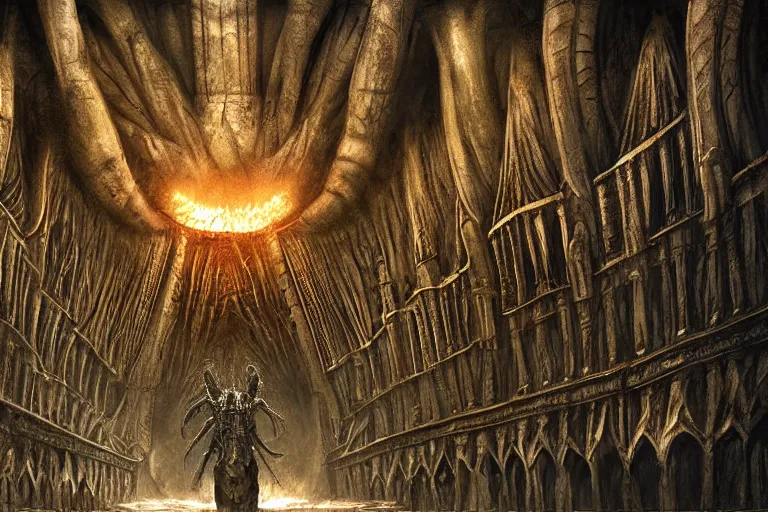 Image similar to a balrog lurking in moria, style of h. r. giger, many columns, mines of moria from the lord of the rings in the style of h. r. giger, directed by ridley scott, dark, cinematic, highly detailed, very realistic, photorealistic, filmed, cinemascope