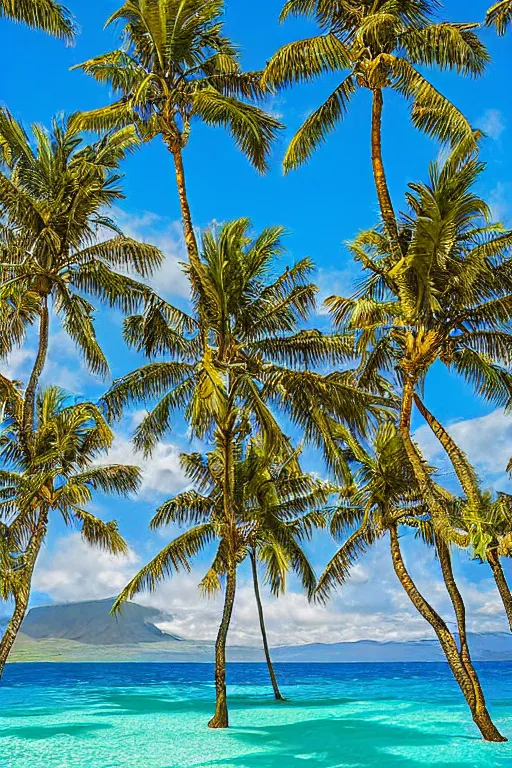 Image similar to beckoning palms lean over crystal clear water, shadows on water, hawaiian style by scott westmoreland