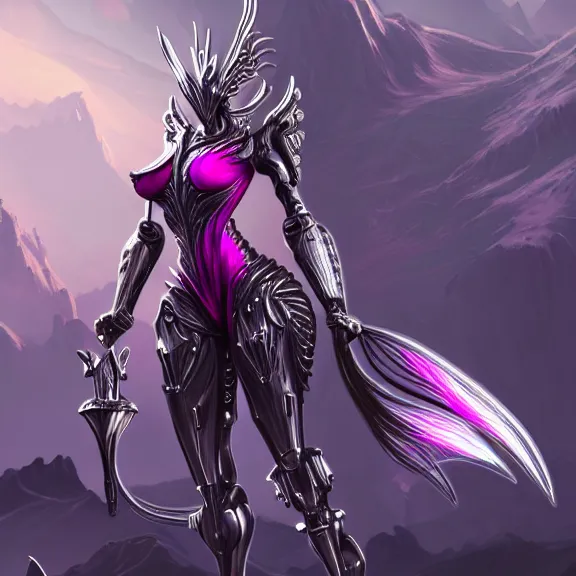 Image similar to extremely detailed giantess shot of a goddess that's a giant beautiful stunning anthropomorphic robot female dragon, standing majestically over mountains, elegant pose, streamlined shiny silver metal armor, fuchsia skin below the armor, sharp metal claws, long elegant tail, detailed warframe fanart, high quality digital art, giantess art, furry art, warframe art, moa legs, Vex Valkyrie legs, furaffinity, DeviantArt, 8k HD, octane render